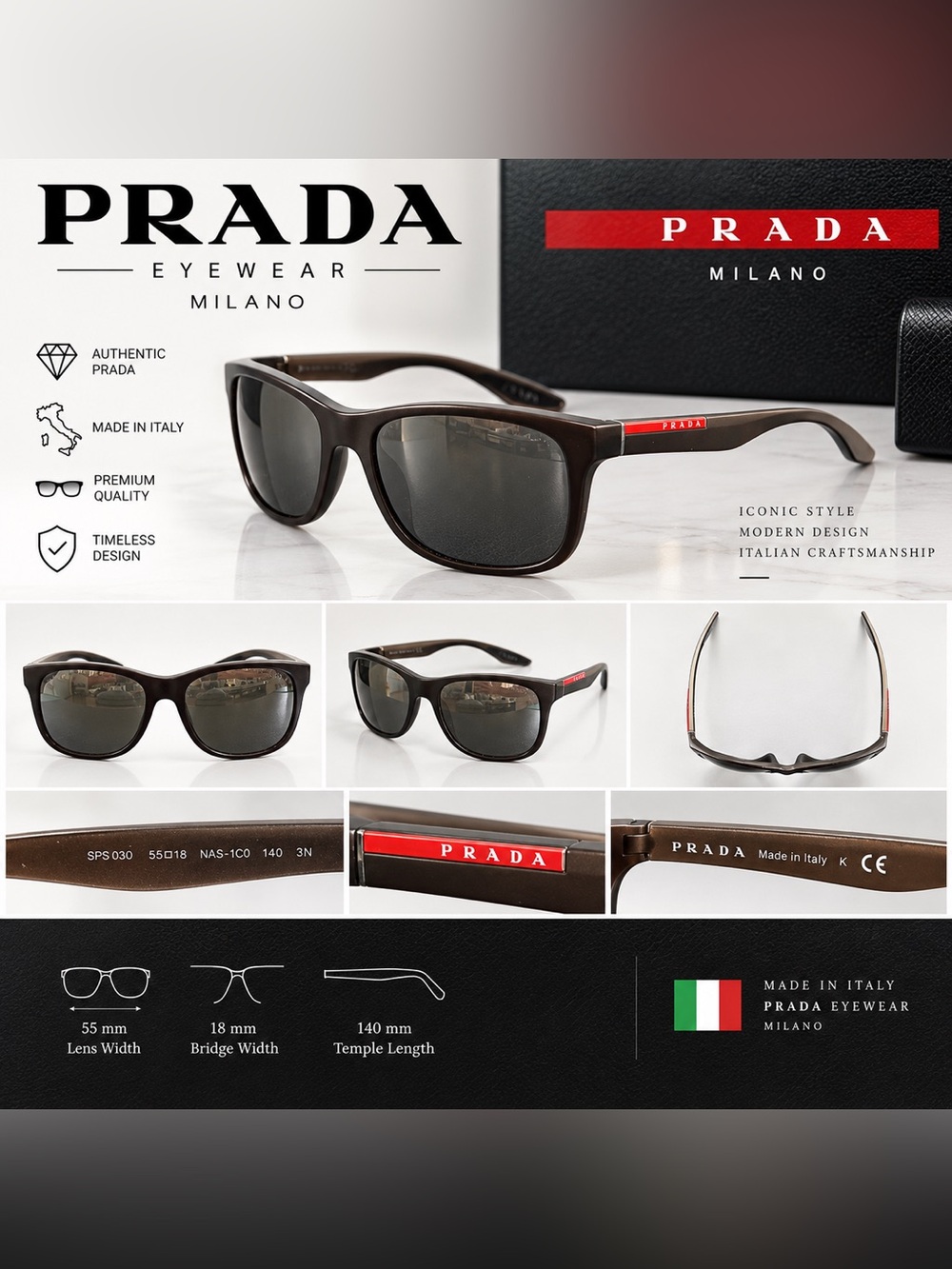 Prada Linea Rossa SPS 03O Sunglasses 55-18-140 Brown Red Made in Italy